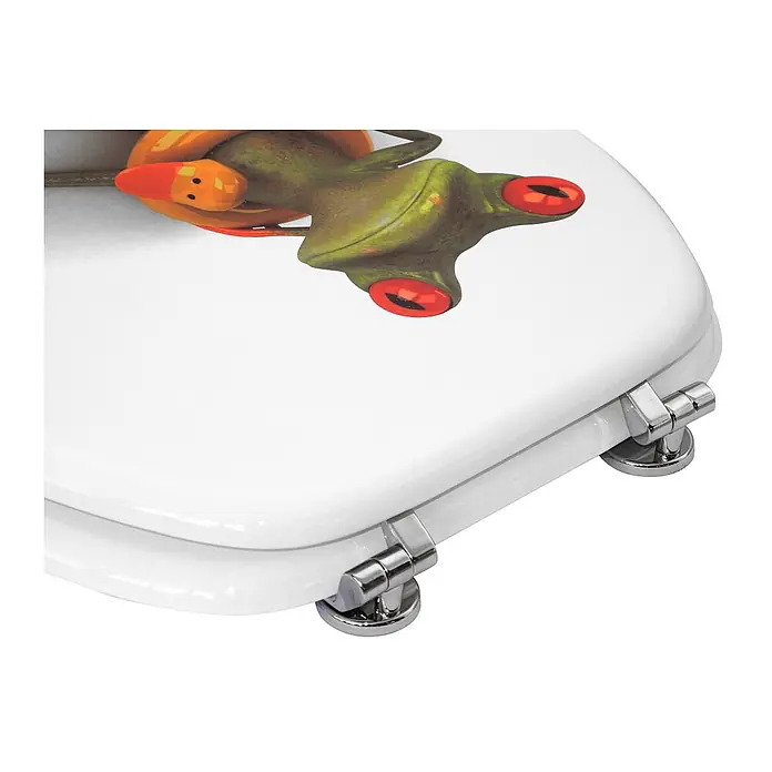 SANILO WC-Sitz Froggy - MDF, Grün, Ohne Absenkautomatik - Weißer Toilettensitz mit einem Frosch-Motiv, der einen orangefarbenen Entenhut trägt.