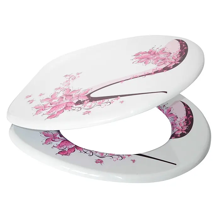 SANILO WC-Sitz Schuh - MDF, Pink, Ohne Absenkautomatik - Weißer Toilettensitz mit rosafarbenem Blumendekor, der Deckel ist teilweise geöffnet.