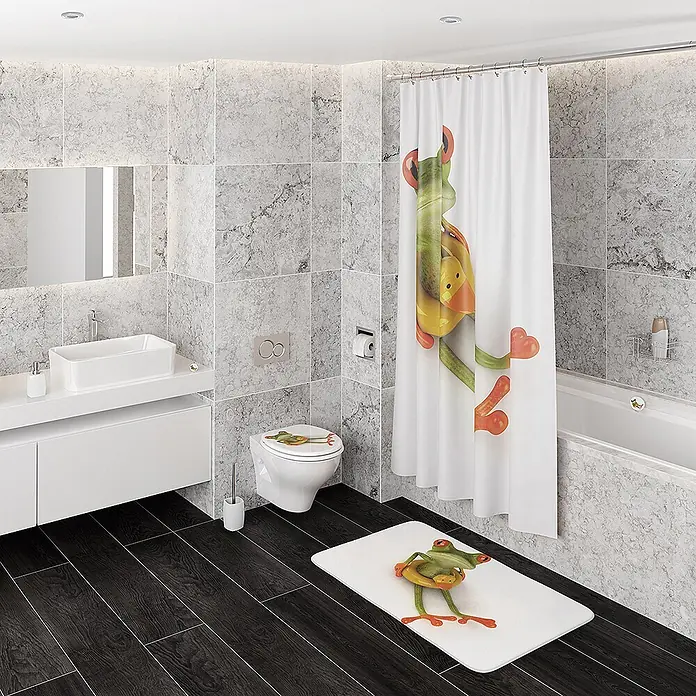 SANILO WC-Sitz Froggy mit Schnellverschluss - MDF, Grün, Mit Absenkautomatik - Frosch-Badezimmer-Set: Duschvorhang, Toilettensitzbezug und Badematte in modernem Badezimmer.