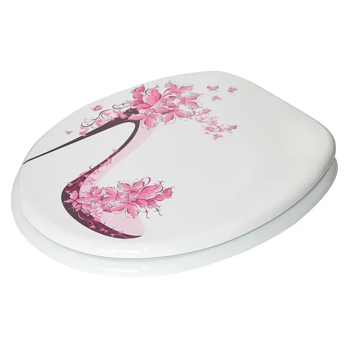SANILO WC-Sitz Schuh - MDF, Pink, Ohne Absenkautomatik - Weißer Toilettensitz mit pinkem Blumen-Schmetterlings-Design.
