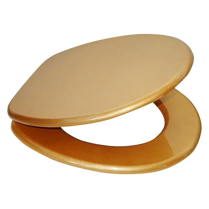 SANILO WC-Sitz Glitzer Gold - MDF, Goldfarben, Ohne Absenkautomatik - Glänzender goldener Toilettensitz und Deckel, leicht geöffnet.