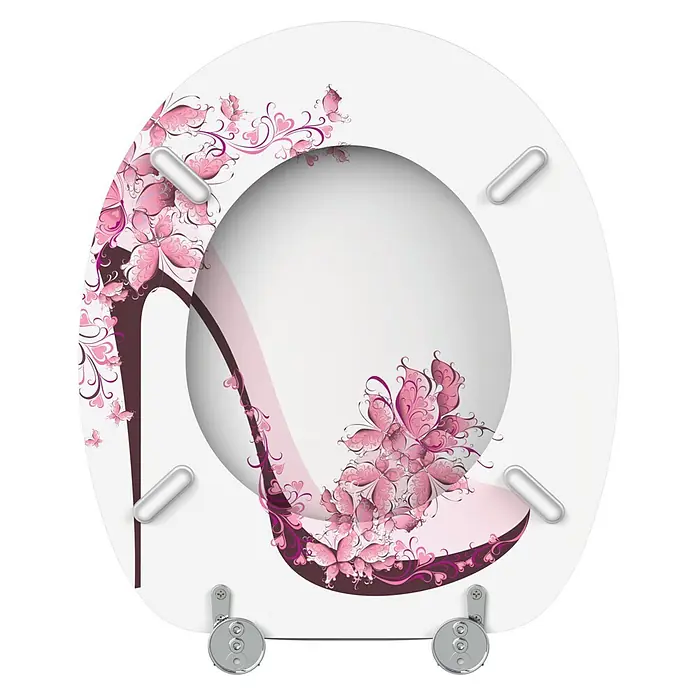 SANILO WC-Sitz Schuh - MDF, Pink, Ohne Absenkautomatik - Weißer Toilettensitz mit pinkem Schmetterlings-High-Heel-Design und Chromscharnieren.
