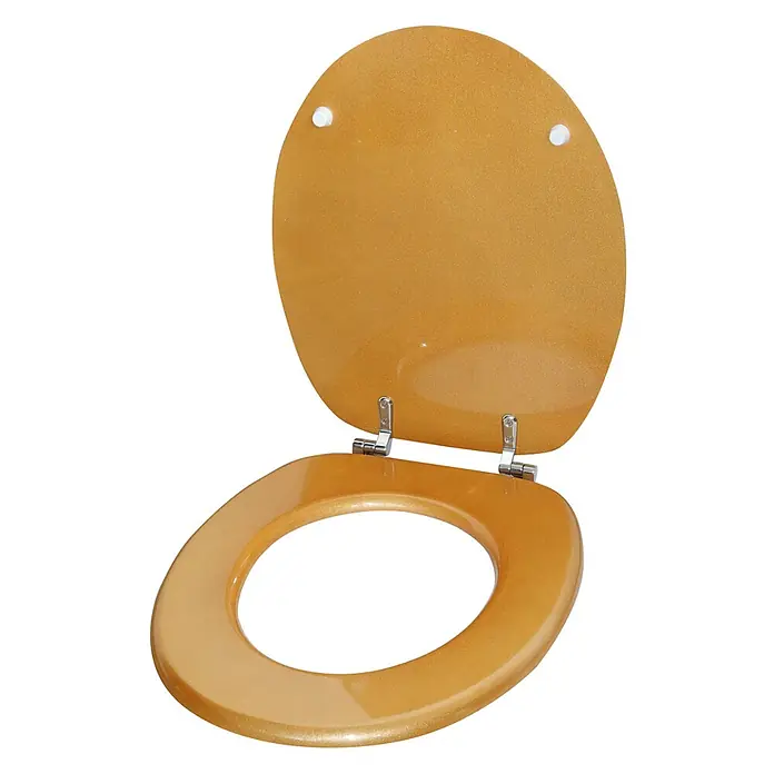 SANILO WC-Sitz Glitzer Gold - MDF, Goldfarben, Ohne Absenkautomatik - Goldener Glitzer-Toilettensitz und Deckel, offen, mit Chromscharnieren.