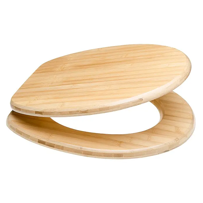SANILO WC-Sitz Bambus - Holz, Braun, Ohne Absenkautomatik - Toilettensitz aus Bambus mit Deckel, hellbraune Holzmaserung, leicht geöffnet.