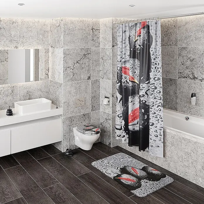 SANILO WC-Sitz Elegance - MDF, Schwarz, Ohne Absenkautomatik - Badezimmer-Set mit Duschvorhang, Toilettendeckel und Badematte im Design mit schwarzen Steinen, roten Blütenblättern und Wassertropfen.
