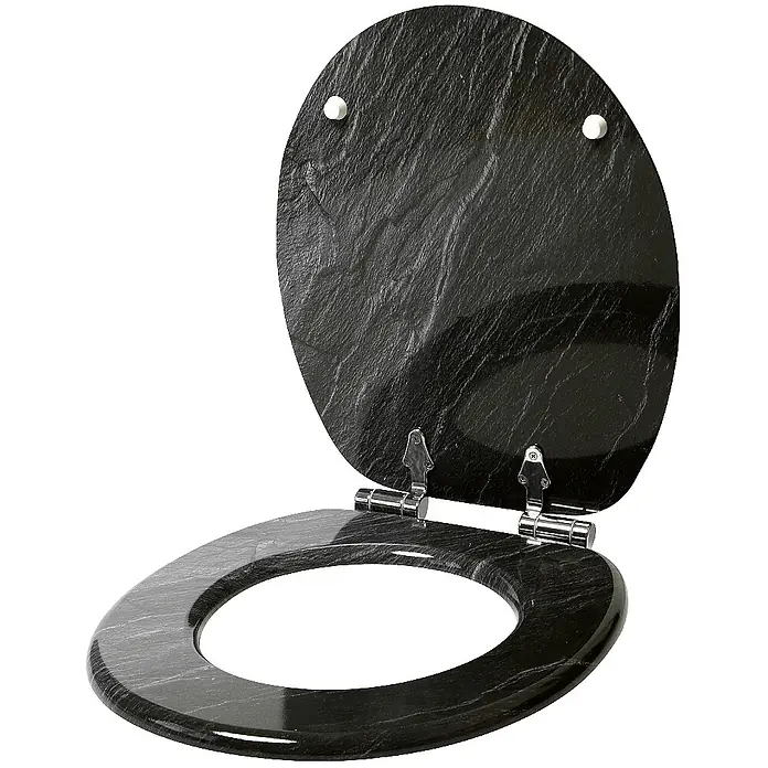 SANILO WC-Sitz Granit - MDF, Schwarz, Ohne Absenkautomatik - Schwarzer Toilettensitz in Schieferoptik, Deckel offen, mit silbernen Scharnieren.