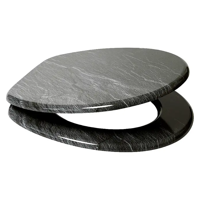 SANILO WC-Sitz Granit - MDF, Schwarz, Ohne Absenkautomatik - Dunkelgrauer Toilettensitz in Steinoptik mit strukturierter Oberfläche, Deckel leicht geöffnet.