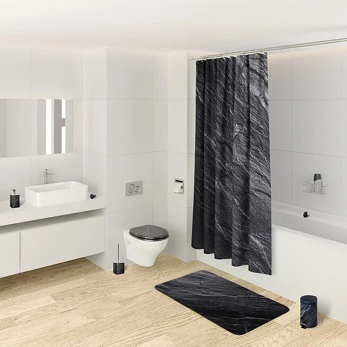 SANILO Kosmetikeimer Granit - 3 l, Metall, Schwarz|Grau|Dunkelgrau - Badezimmer mit schwarzem, strukturiertem Duschvorhang in Marmoroptik, Toilettensitz, Matte und Accessoires.