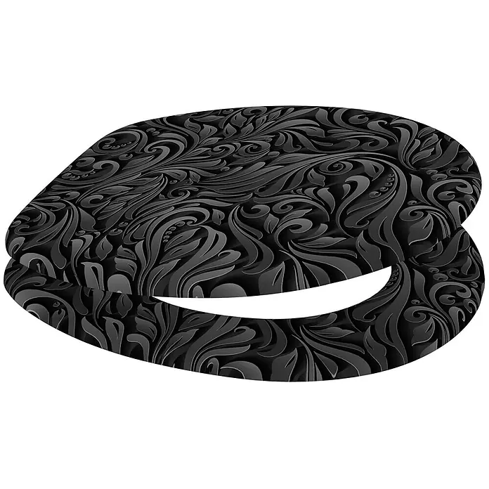 SANILO WC-Sitz Floral - MDF, Schwarz, Ohne Absenkautomatik - Schwarzes, abstraktes Dekoobjekt mit geprägtem floralem Muster.