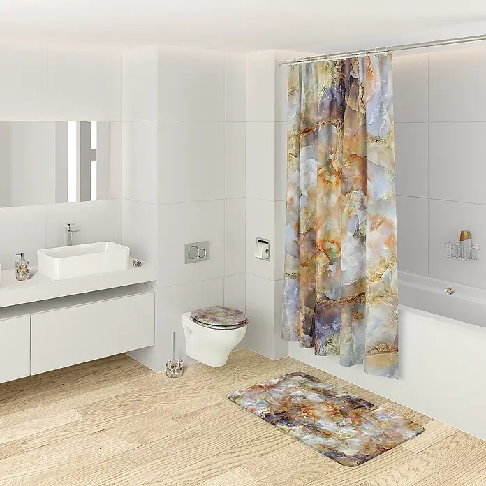 SANILO WC-Sitz Marmor Braun - MDF, Braun, Ohne Absenkautomatik - Modernes Badezimmer mit Duschvorhang, Badematte, Toilettensitzbezug und Accessoires im lebendigen, mehrfarbigen Onyx-Marmormuster.