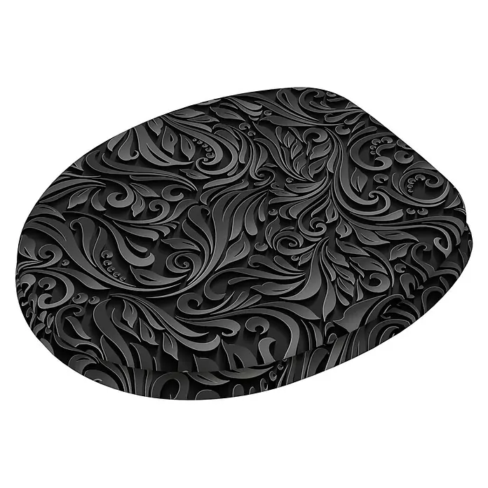 SANILO WC-Sitz Floral - MDF, Schwarz, Ohne Absenkautomatik - Unregelmäßig geformtes dunkelgraues Dekorationsobjekt mit erhabenem floralem Reliefmuster.