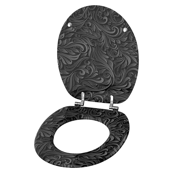 SANILO WC-Sitz Floral - MDF, Schwarz, Ohne Absenkautomatik - Schwarzer Toilettensitz mit geprägtem Ornamentmuster, geöffnet mit Chromscharnieren.
