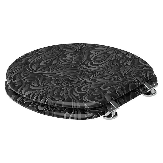 SANILO WC-Sitz Floral - MDF, Schwarz, Ohne Absenkautomatik - Schwarzer Toilettensitz mit aufwendigem grauem Blumenmuster und Chromscharnieren.