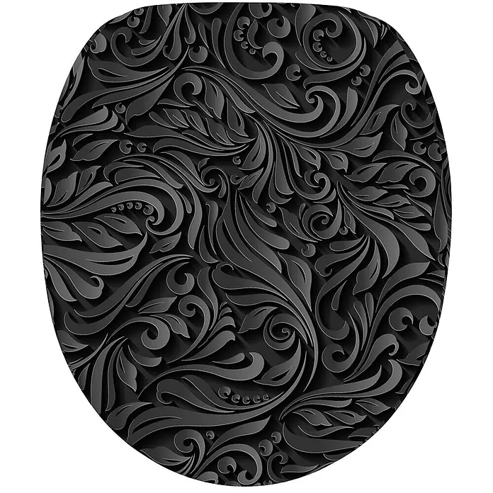 SANILO WC-Sitz Floral - MDF, Schwarz, Ohne Absenkautomatik - Schwarzer Toilettendeckel mit elegantem 3D Blumen- und Ornamentmuster.