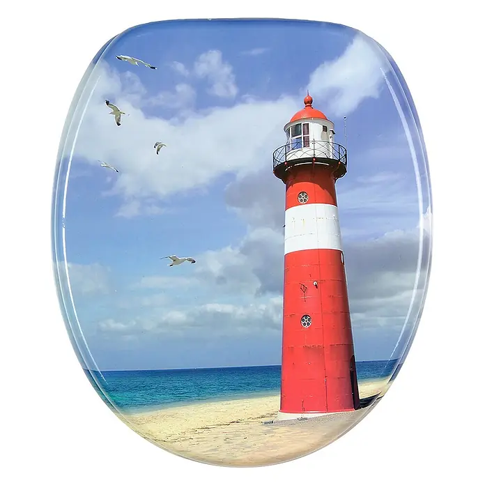 SANILO WC-Sitz Leuchtturm - MDF, Rot, Ohne Absenkautomatik - Toilettensitz mit aufgedrucktem Motiv eines rot-weißen Leuchtturms, Strand und Möwen.