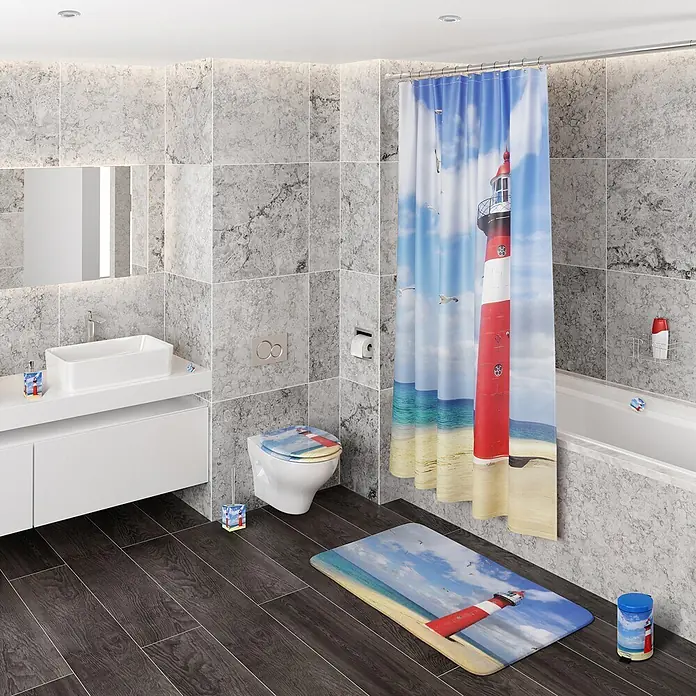 SANILO WC-Sitz Leuchtturm mit Schnellverschluss - MDF, Rot, Mit Absenkautomatik - Modernes Bad mit koordiniertem Leuchtturm- und Strand-Set: Duschvorhang, Toilettensitzbezug, Badematte und diverse Accessoires.