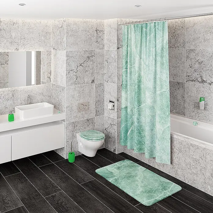 SANILO WC-Sitz Marmor Grün - MDF, Grün, Ohne Absenkautomatik - Grüner Marmor-Duschvorhang, Badematte und Toilettendeckel in modernem Badezimmer.