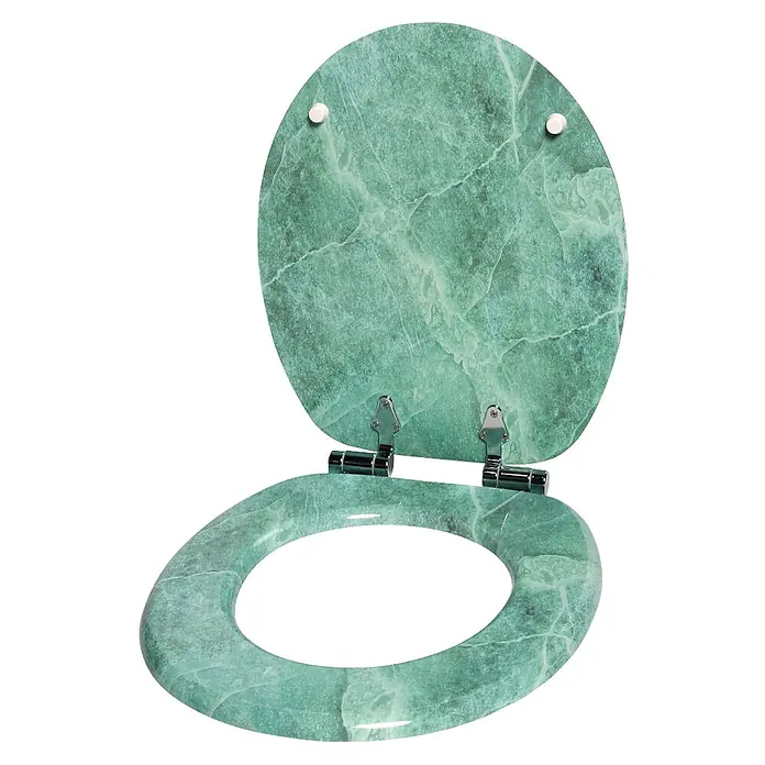SANILO WC-Sitz Marmor Grün - MDF, Grün, Ohne Absenkautomatik - Offener Toilettensitz aus grünem Marmor mit Chromscharnieren.