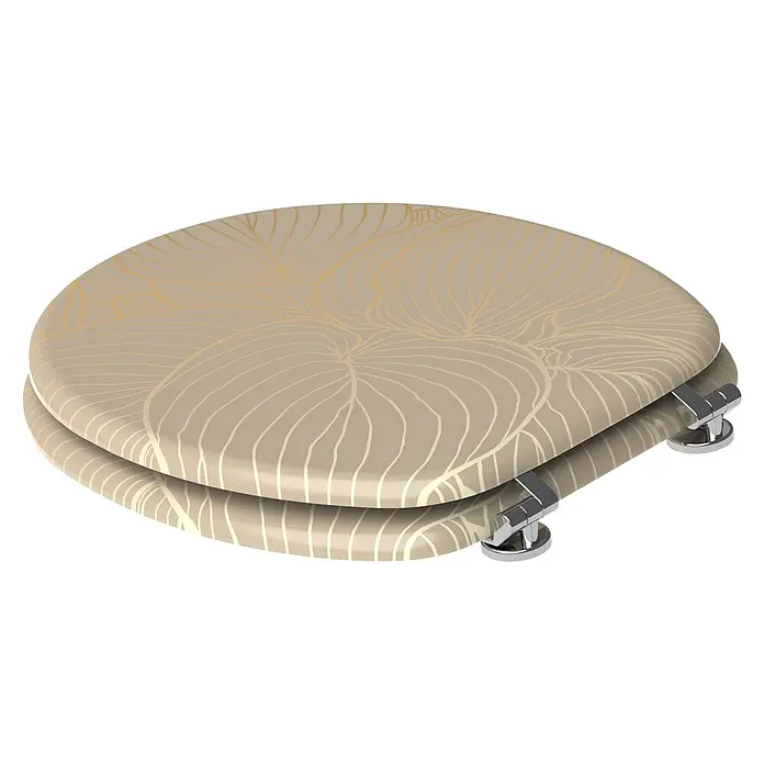 SANILO WC-Sitz Hosta - MDF, Beige, Ohne Absenkautomatik - Beiger WC-Sitz mit stilisiertem Goldblattmuster und Chromscharnieren.
