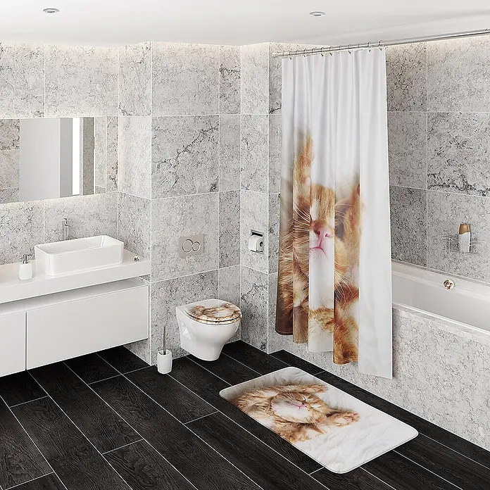 SANILO WC-Sitz Lilly mit Schnellverschluss - MDF, Braun, Mit Absenkautomatik - Ein Badezimmer mit katzenmotiviertem Duschvorhang, Toilettensitz und Badematte, alle mit süßen orangefarbenen Katzen.