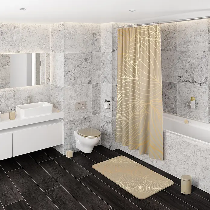 SANILO WC-Sitz Hosta - MDF, Beige, Ohne Absenkautomatik - Beiger Duschvorhang mit goldenem Blattmuster, passender Badematte, Toilettendeckel, Bürstenhalter und Abfalleimer im modernen Bad.