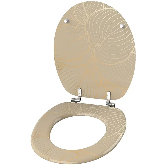 SANILO WC-Sitz Hosta - MDF, Beige, Ohne Absenkautomatik - Offener beigefarbener Toilettensitz und Deckel mit goldenem Blattmuster.