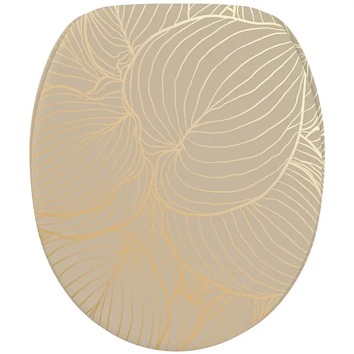 SANILO WC-Sitz Hosta - MDF, Beige, Ohne Absenkautomatik - Beigefarbener Toilettensitz mit abstraktem goldenem Blattmuster.