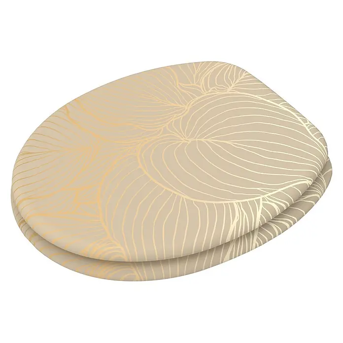 SANILO WC-Sitz Hosta - MDF, Beige, Ohne Absenkautomatik - Beige Toilettensitz mit abstraktem goldenem Blattmuster.