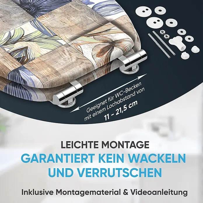 SANILO WC-Sitz Livia mit Absenkautomatik - MDF, Braun, Mit Absenkautomatik - Dekorativer Toilettensitz mit Holzoptik und floralem Patchwork-Muster, gezeigt mit verchromten Scharnieren und Montagematerial.