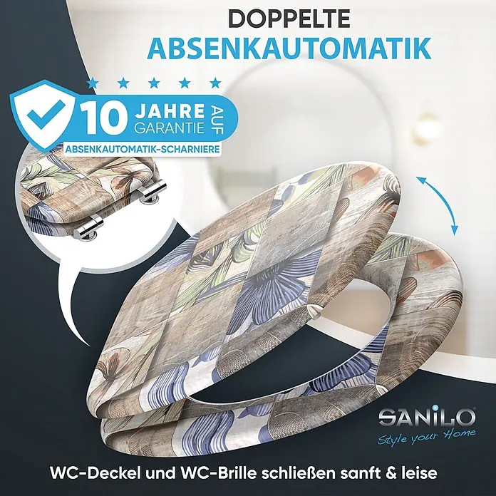SANILO WC-Sitz Livia mit Absenkautomatik - MDF, Braun, Mit Absenkautomatik - Ein Toilettensitz mit Holzoptik-Muster und blauen sowie braunen Blumendesigns, ausgestattet mit einer doppelten Absenkautomatik.
