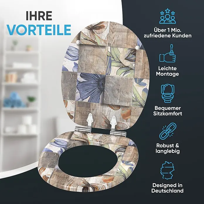 SANILO WC-Sitz Livia mit Absenkautomatik - MDF, Braun, Mit Absenkautomatik - WC-Sitz mit floralem Patchwork-Muster in Erdtönen und Blautönen, offen dargestellt.