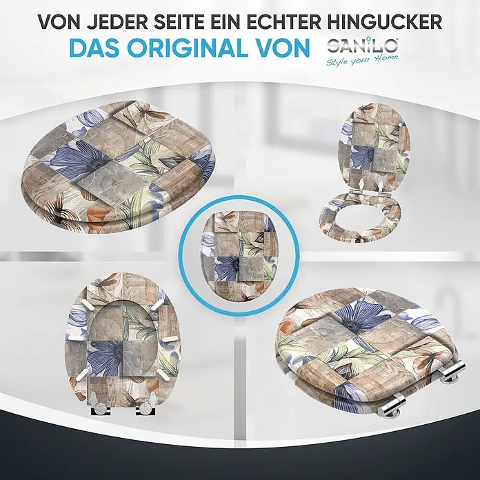 SANILO WC-Sitz Livia mit Absenkautomatik - MDF, Braun, Mit Absenkautomatik - Toilettensitz mit floralem und Holzfliesenmuster, aus verschiedenen Blickwinkeln (geöffnet, geschlossen) präsentiert.