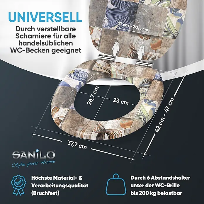 SANILO WC-Sitz Livia mit Absenkautomatik - MDF, Braun, Mit Absenkautomatik - Dekorativer WC-Sitz mit verstellbaren Scharnieren, floralem Fliesenmuster und Maßen: 42-47cm Länge, 37.7cm Breite.