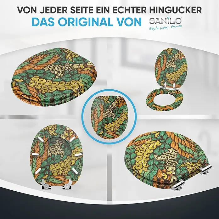 SANILO WC-Sitz Velora mit Absenkautomatik - MDF, Grün, Mit Absenkautomatik - WC-Sitz mit lebhaftem, detailreichem Blatt- und Blumenmuster in Grün, Orange und Gelb auf dunklem Hintergrund, aus mehreren Perspektiven dargestellt.