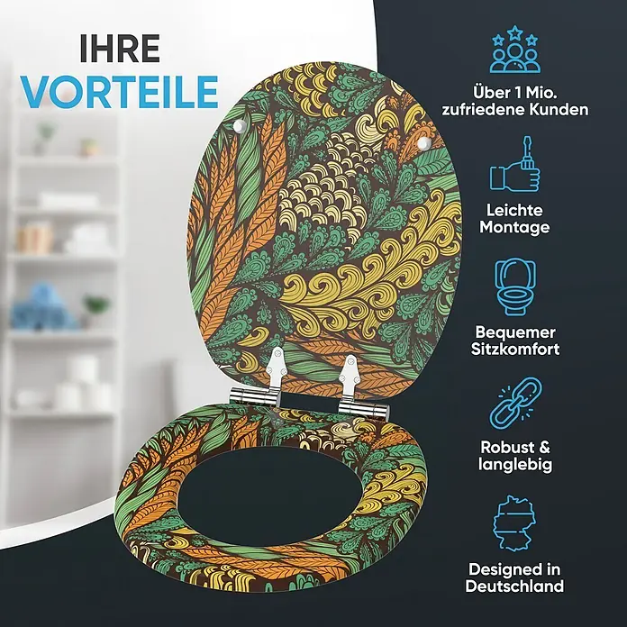 SANILO WC-Sitz Velora mit Absenkautomatik - MDF, Grün, Mit Absenkautomatik - Bunter, gemusterter Toilettensitz, offen dargestellt.