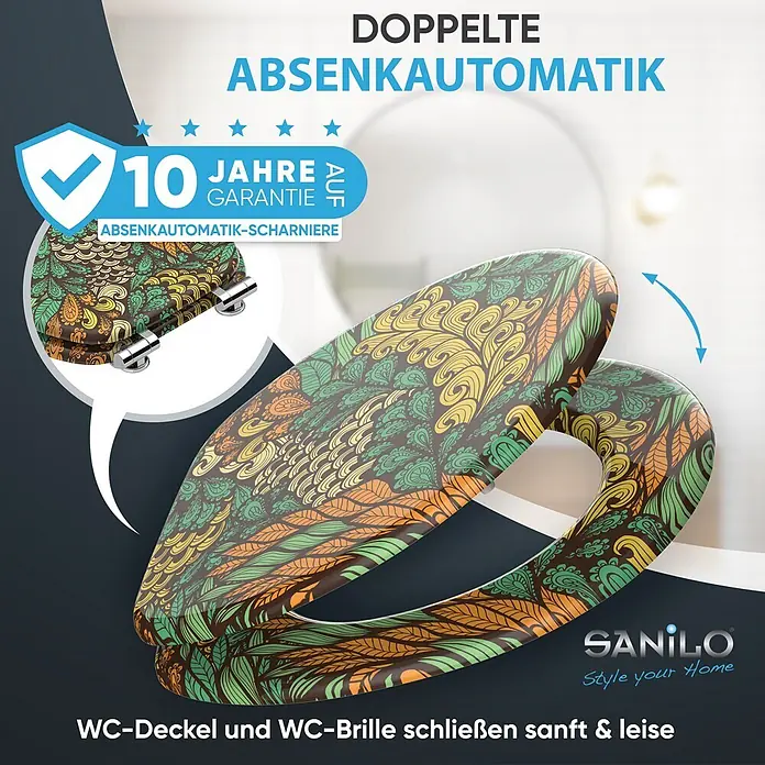 SANILO WC-Sitz Velora mit Absenkautomatik - MDF, Grün, Mit Absenkautomatik - Brauner Toilettensitz mit buntem Blattmuster, doppelter Absenkautomatik und 10 Jahren Garantie auf Scharniere.