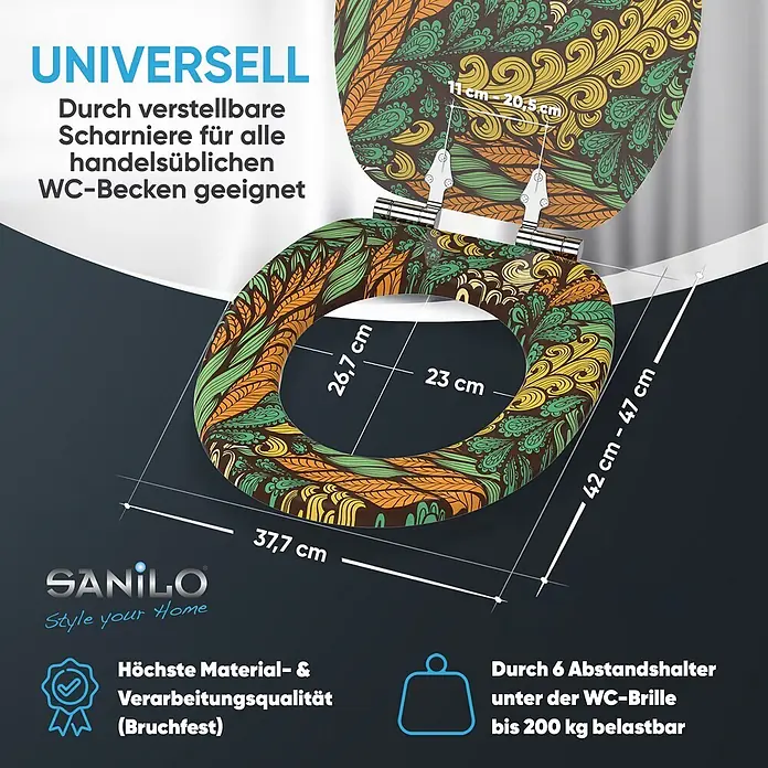 SANILO WC-Sitz Velora mit Absenkautomatik - MDF, Grün, Mit Absenkautomatik - WC-Sitz mit grünem, gelbem und orangefarbenem Paisley-Muster, verstellbaren Scharnieren, Maßen und Tragkraft.