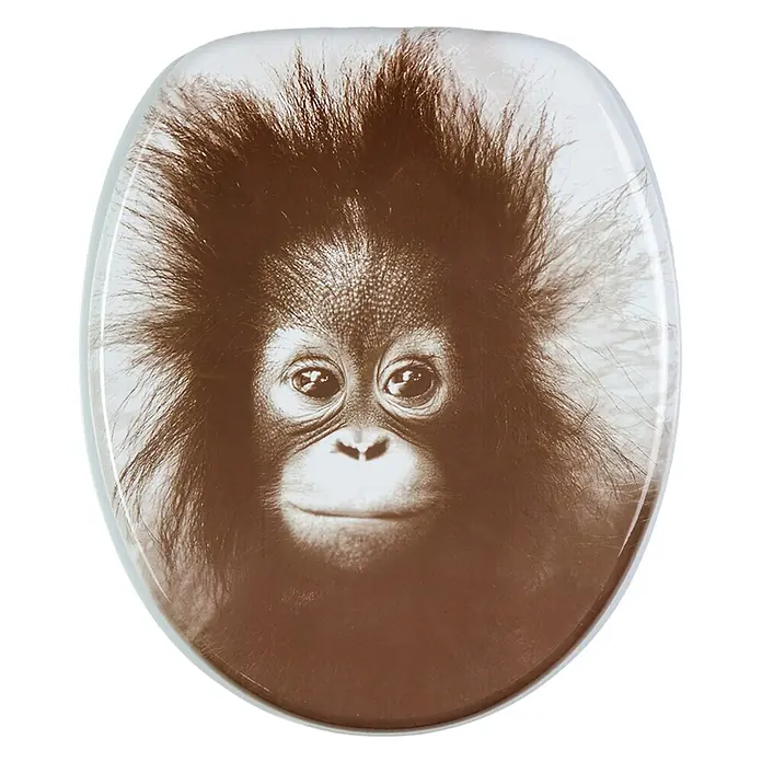 SANILO WC-Sitz Alfred - MDF, Braun, Ohne Absenkautomatik - Weißer Toilettensitz mit sepiafarbenem Bild eines Baby-Orang-Utans.