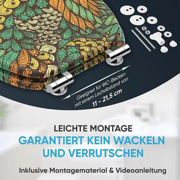SANILO WC-Sitz Velora mit Absenkautomatik - MDF, Grün, Mit Absenkautomatik - WC-Sitz mit buntem, paisley-artigem Muster in Braun-, Grün-, Gelb- und Orangetönen, inklusive verchromter Scharniere und Montagematerial.