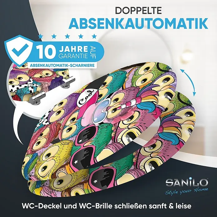 SANILO WC-Sitz Owl mit Schnellverschluss - MDF, Multicolor, Mit Absenkautomatik - Farbenfroher WC-Sitz mit Eulenmuster, doppelter Absenkautomatik und 10 Jahren Garantie auf Scharniere.