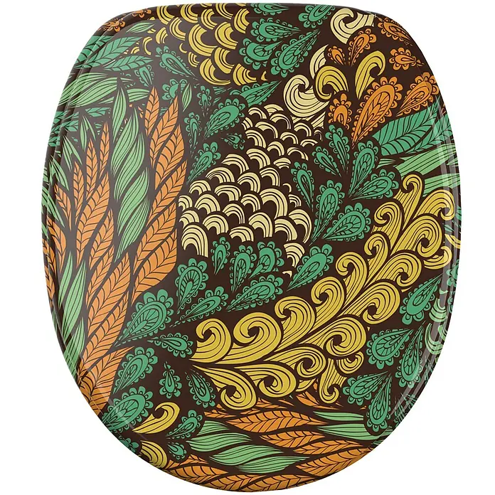 SANILO WC-Sitz Velora mit Absenkautomatik - MDF, Grün, Mit Absenkautomatik - Toilettensitz mit aufwendigem, farbenfrohem Blumen- und Paisleymuster in Grün, Orange und Gelb auf dunklem Hintergrund.