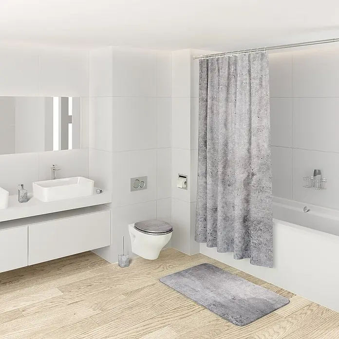 SANILO WC-Sitz Beton - MDF, Grau, Ohne Absenkautomatik - Badezimmer mit Duschvorhang, Badematte, Toilettensitzbezug und Toilettenbürstenhalter in Betonoptik.