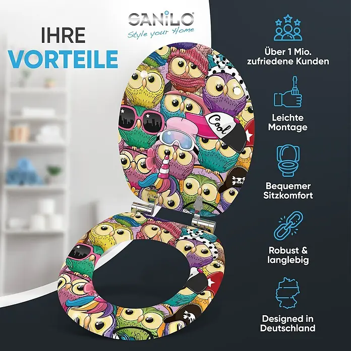 SANILO WC-Sitz Owl mit Schnellverschluss - MDF, Multicolor, Mit Absenkautomatik - Bunter Toilettensitz mit verspieltem Eulenmuster und Metallscharnieren.