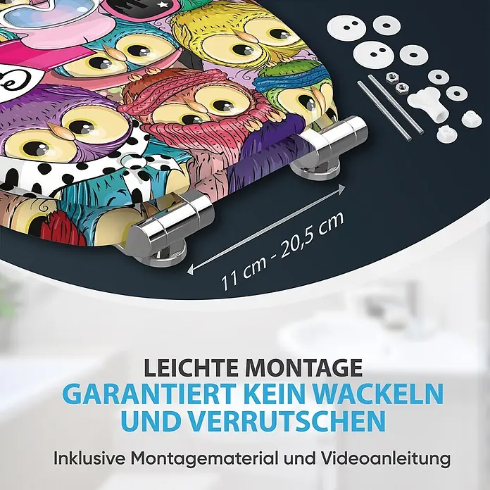 SANILO WC-Sitz Owl mit Schnellverschluss - MDF, Multicolor, Mit Absenkautomatik - Bunter Toilettensitz mit Eulenmuster, verchromten Scharnieren und Montagezubehör. Scharnierabstand 11 cm - 20,5 cm.