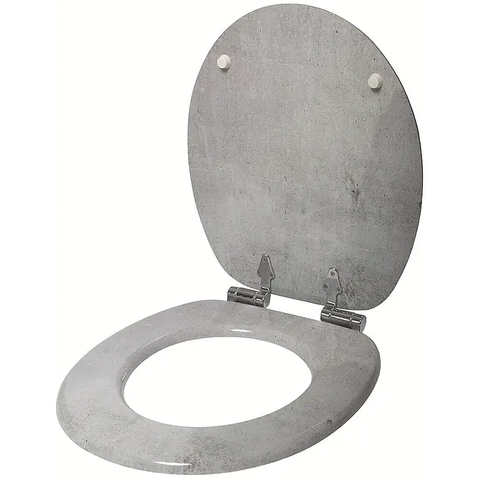 SANILO WC-Sitz Beton - MDF, Grau, Ohne Absenkautomatik - Grauer Toilettensitz in Betonoptik, geöffneter Deckel und Chromscharniere.