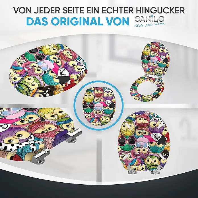 SANILO WC-Sitz Owl mit Schnellverschluss - MDF, Multicolor, Mit Absenkautomatik - Bunter Toilettensitz mit Eulenmuster, in mehreren Ansichten dargestellt, inklusive Deckel und Scharnieren.