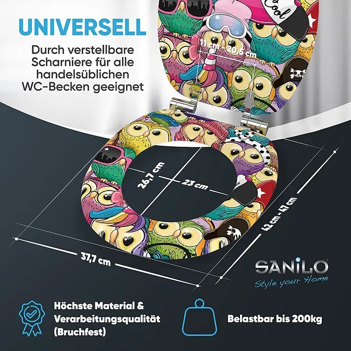 SANILO WC-Sitz Owl mit Schnellverschluss - MDF, Multicolor, Mit Absenkautomatik - Toilettensitz mit buntem Eulenmuster, Maße (37,7 cm, 42-47 cm, 26,7 cm, 23 cm) und Merkmale wie universelle Passform und 200 kg Belastbarkeit.