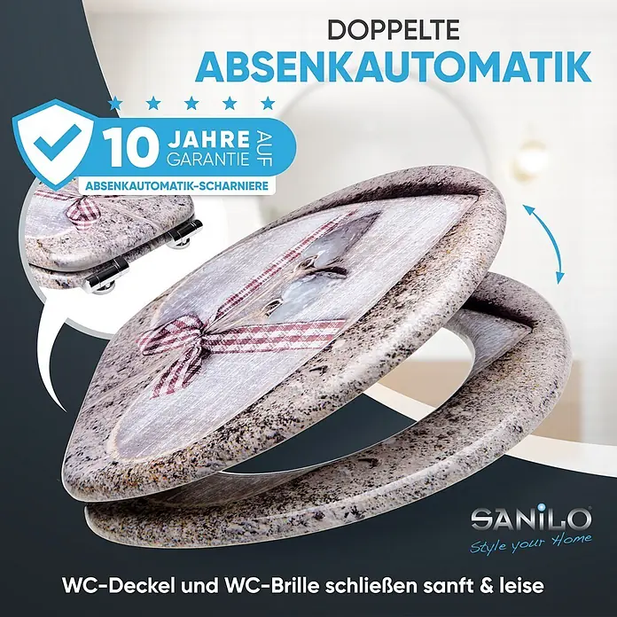 SANILO WC-Sitz Bavaria mit Absenkautomatik - MDF, Braun, Mit Absenkautomatik - WC-Sitz in Granitoptik mit Zierschleife, ausgestattet mit doppelter Absenkautomatik für sanftes Schließen.