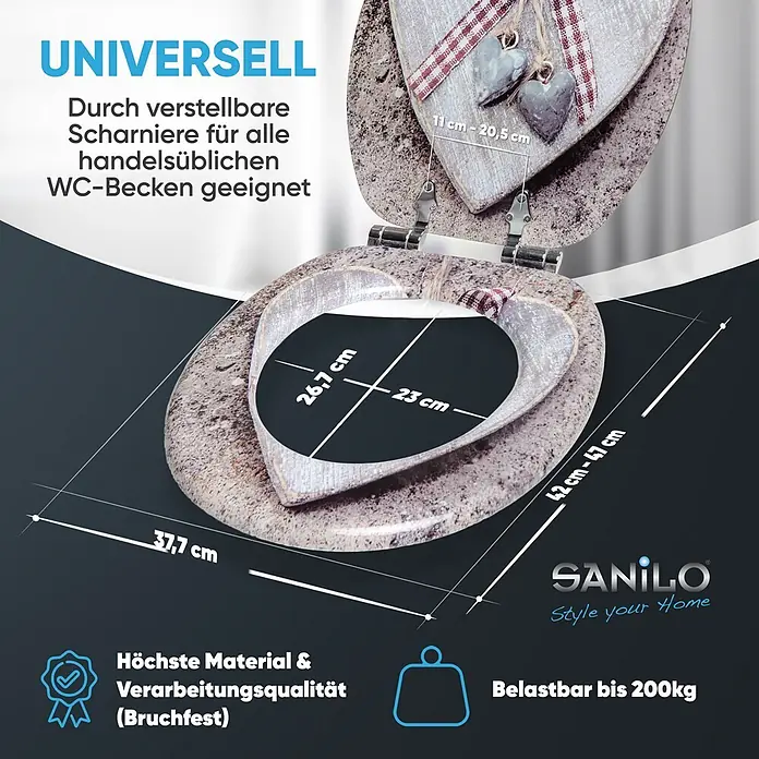 SANILO WC-Sitz Bavaria mit Absenkautomatik - MDF, Braun, Mit Absenkautomatik - Herzförmiger Toilettensitz mit Granit-Muster und Maßen, mit universell verstellbaren Scharnieren.