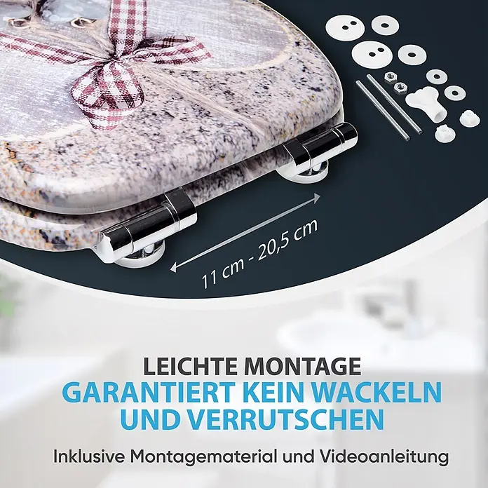 SANILO WC-Sitz Bavaria mit Absenkautomatik - MDF, Braun, Mit Absenkautomatik - Toilettensitz mit Granitmuster und Chromscharnieren, zeigt verstellbares Montagematerial. Scharnierabstand 11-20,5 cm.